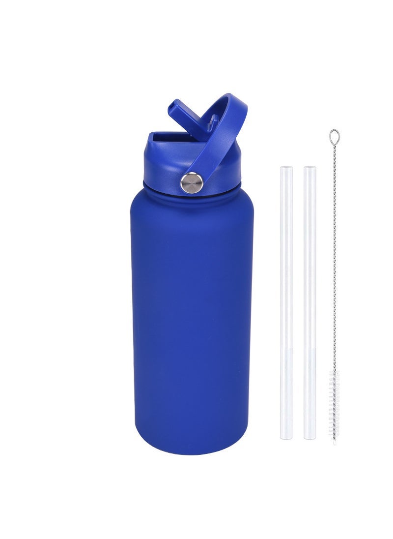 2024 New Sports Kettle Stainless Steel Large Capacity 1L American Style Big Mouth Thermos Cup Portable Handles Straw Cup sapphire blue