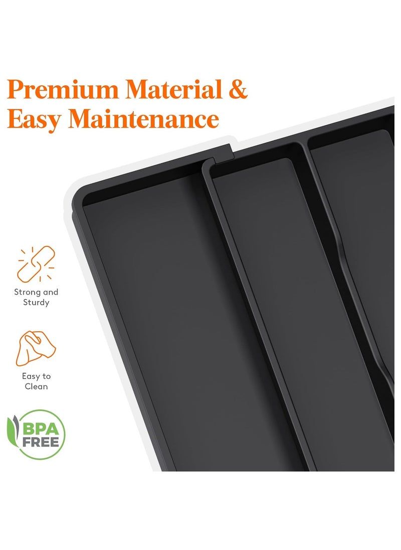 Large Capacity Expandable Silverware Drawer Organizer, BPA-Free Utensil Tray for Kitchen, Adjustable Flatware and Cutlery Holder for Spoons, Forks and Knives, Sleek Black Design