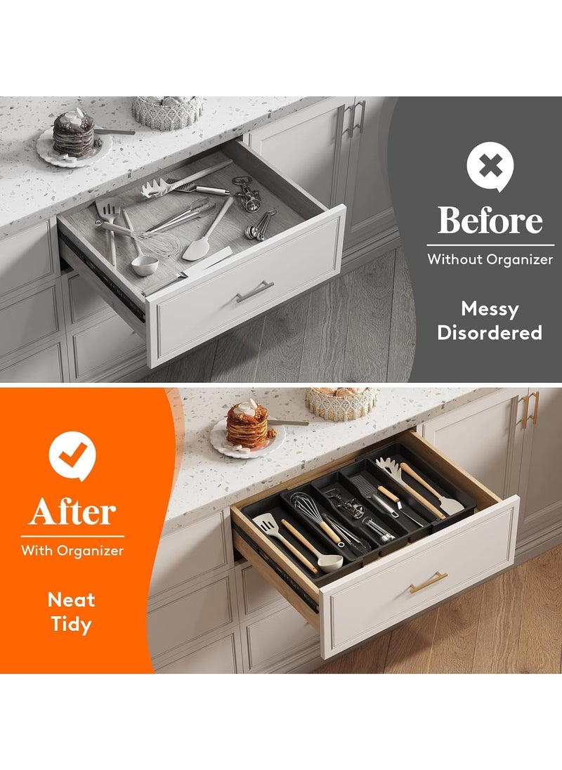 Large Capacity Expandable Silverware Drawer Organizer, BPA-Free Utensil Tray for Kitchen, Adjustable Flatware and Cutlery Holder for Spoons, Forks and Knives, Sleek Black Design