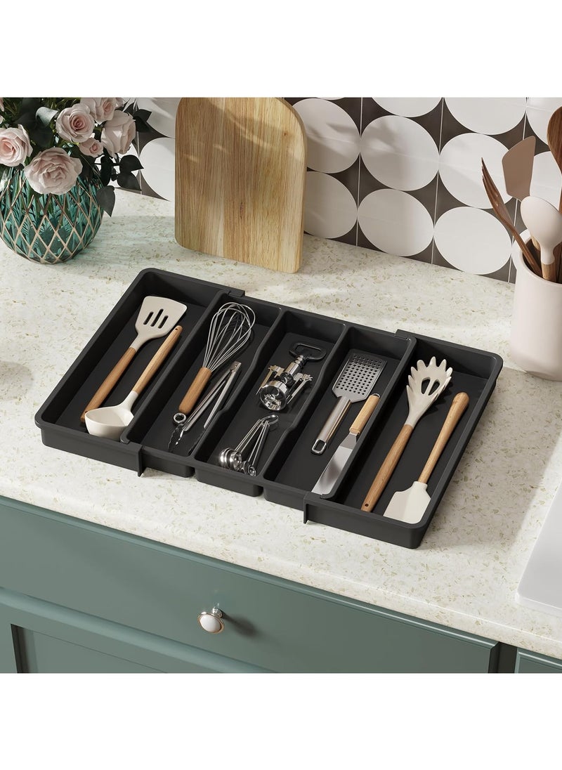 Large Capacity Expandable Silverware Drawer Organizer, BPA-Free Utensil Tray for Kitchen, Adjustable Flatware and Cutlery Holder for Spoons, Forks and Knives, Sleek Black Design