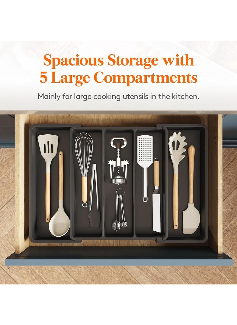 Large Capacity Expandable Silverware Drawer Organizer, BPA-Free Utensil Tray for Kitchen, Adjustable Flatware and Cutlery Holder for Spoons, Forks and Knives, Sleek Black Design