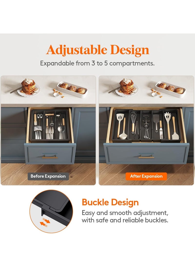 Large Capacity Expandable Silverware Drawer Organizer, BPA-Free Utensil Tray for Kitchen, Adjustable Flatware and Cutlery Holder for Spoons, Forks and Knives, Sleek Black Design