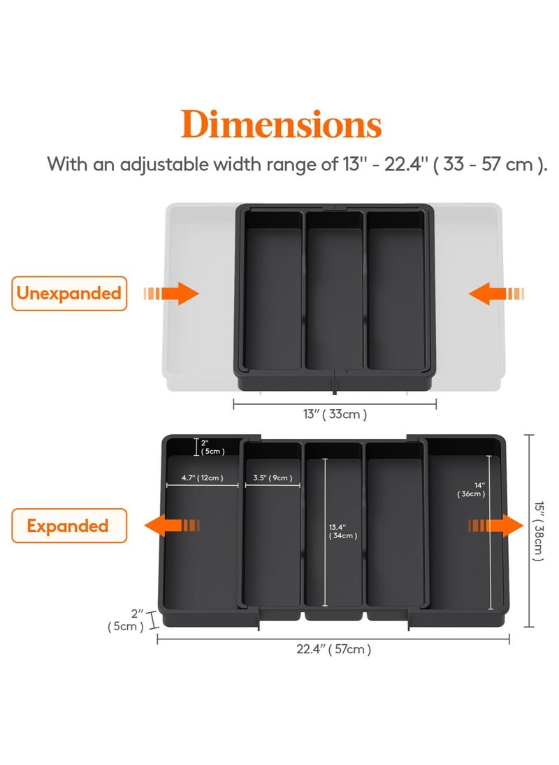 Large Capacity Expandable Silverware Drawer Organizer, BPA-Free Utensil Tray for Kitchen, Adjustable Flatware and Cutlery Holder for Spoons, Forks and Knives, Sleek Black Design