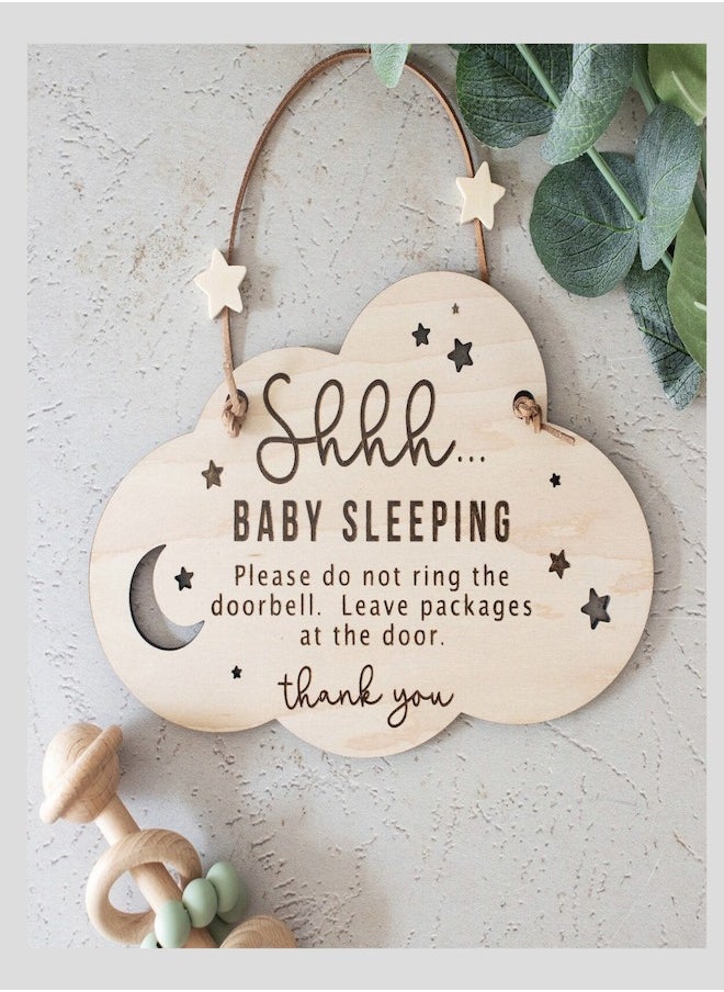 Cloud-Shaped Wooden Ornament with Moon  Stars Design - Baby Sleeping Door Bell Sign - Natural Distinctive Home Hanging Wall Door Decor Gift  23*15cm