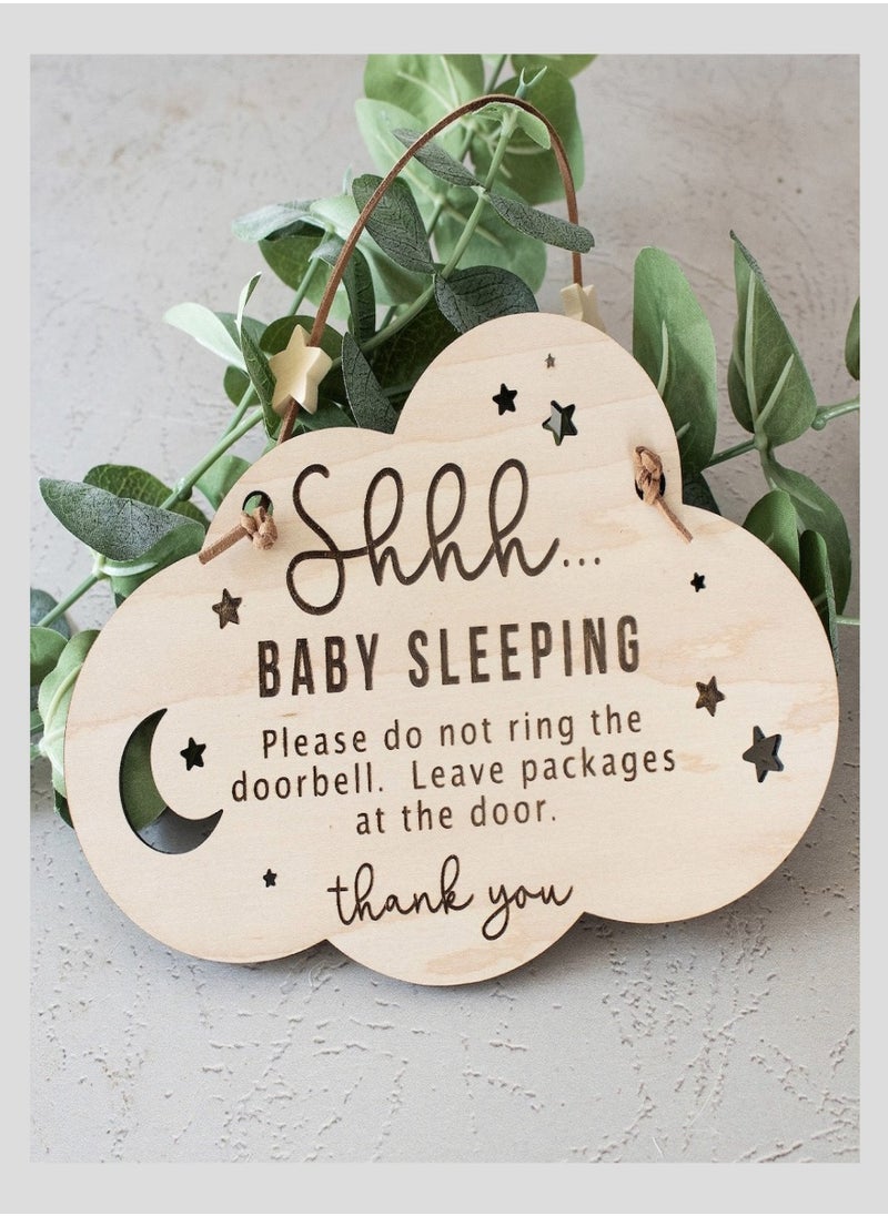 Cloud-Shaped Wooden Ornament with Moon  Stars Design - Baby Sleeping Door Bell Sign - Natural Distinctive Home Hanging Wall Door Decor Gift  23*15cm
