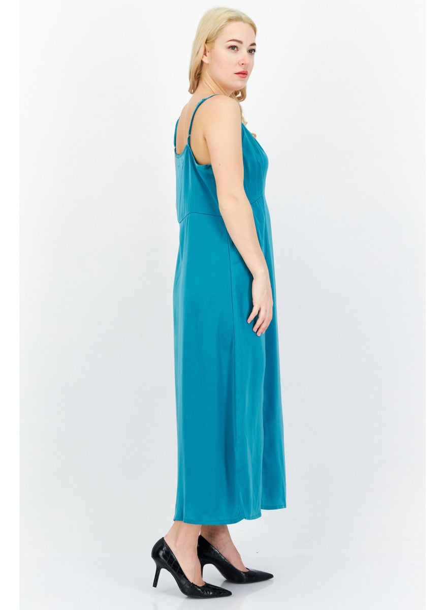Women Plain Satin Maxi Casual Dress, Teal Blue