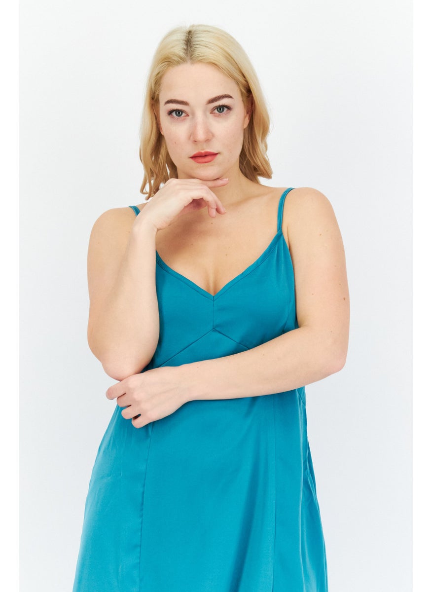 Women Plain Satin Maxi Casual Dress, Teal Blue