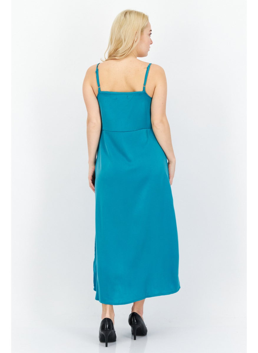 Women Plain Satin Maxi Casual Dress, Teal Blue