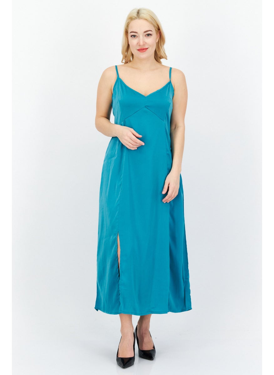 Women Plain Satin Maxi Casual Dress, Teal Blue