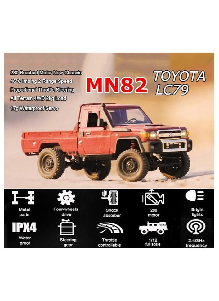 RC Rock Crawler RC Truck 4x4 Toyota LC79 RC Crawler 1/12 Off Road Pickup Remote Control 2.4Ghz All Terrain 280 Brushed Motor Proportional Throttle Steering RTR Hobby Toy Adult MN-82