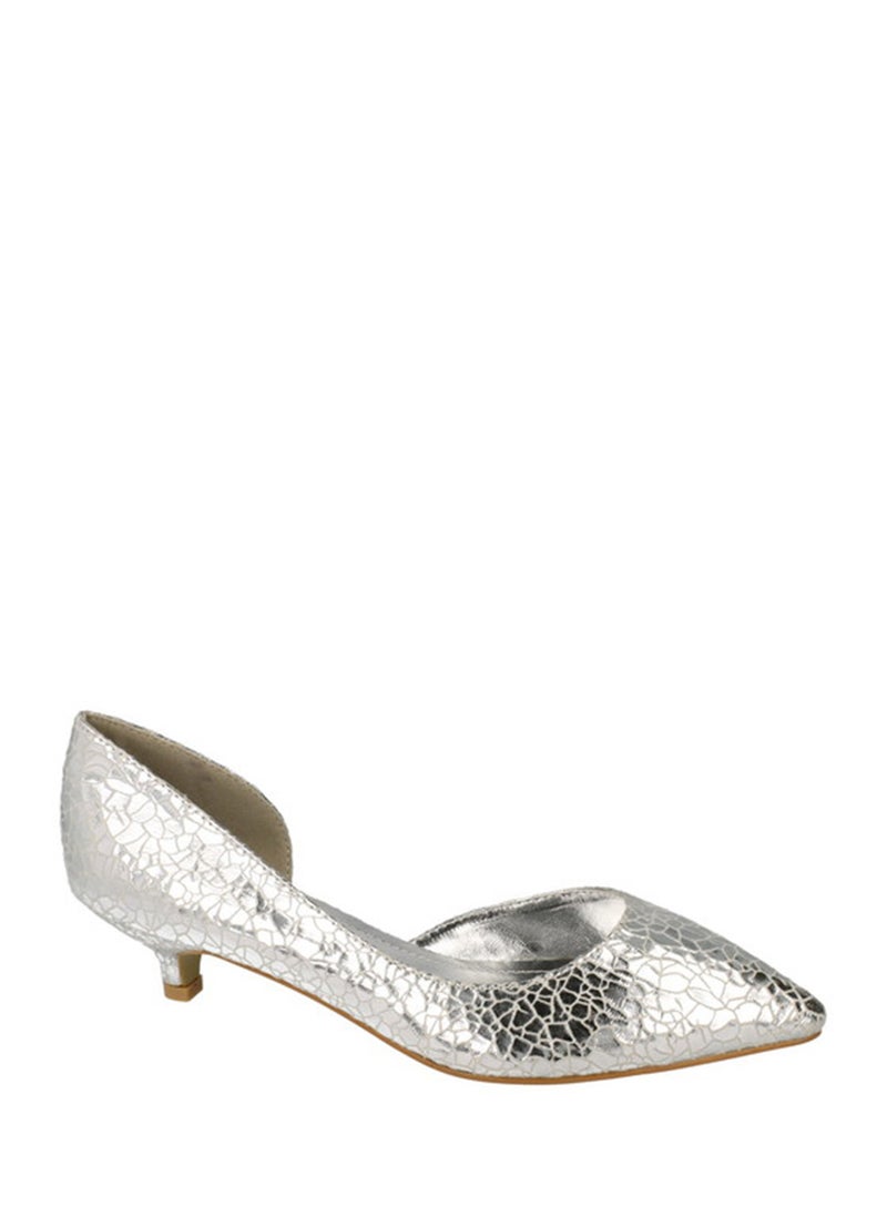 Low Heel Silver Crinkle Pump