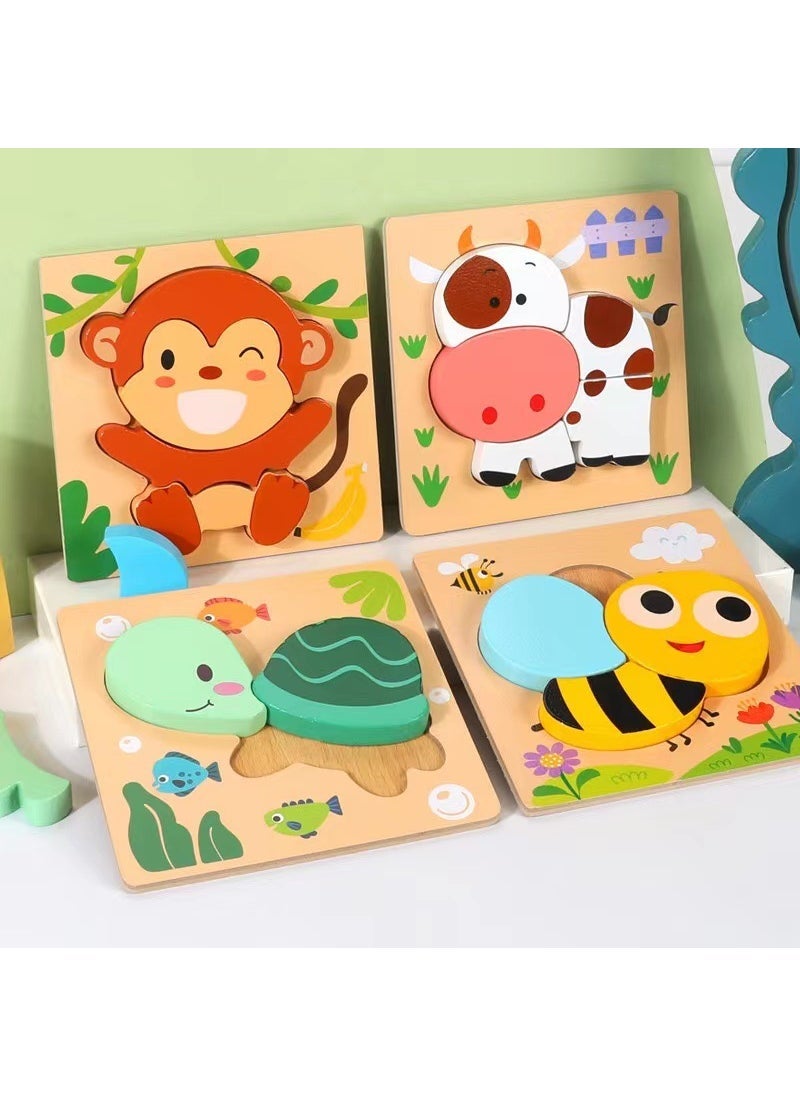 Wooden Advanced Three-Dimensional Puzzle Set Educational Toys for Young Children Boys and Girls Baby Cartoon Animal Puzzle 3-6 Style one (Monkey + cow + turtle + Bee)