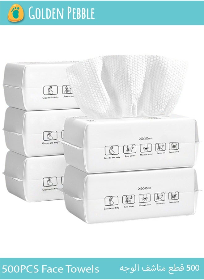 5Pack 500pcs Disposable Face Towel, Cotton Tissue Soft Dry Wipes for Women, Simple Cleaning Facial Tissues Dry Wet Dual Portable Use for Sensitive Skin & Baby & Makeup Remover & Personal Care