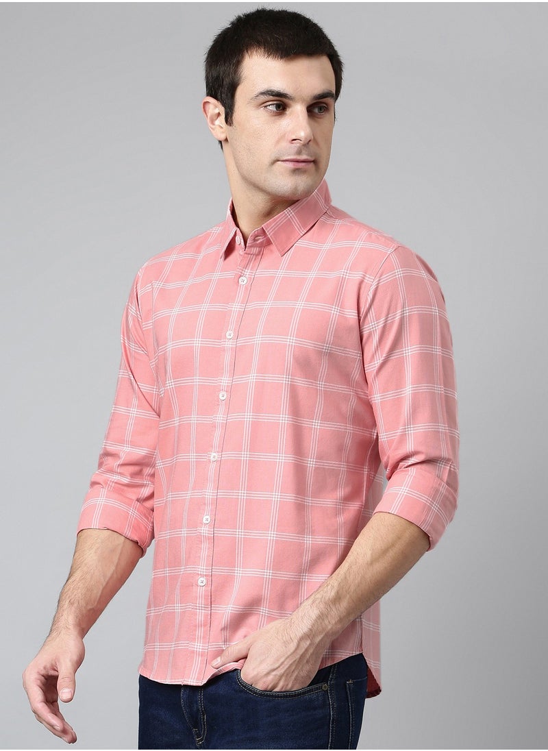 Slim Fit Pink Men's Checked Shirt, Spread Collar, Full Sleeves, 100% Cotton,
