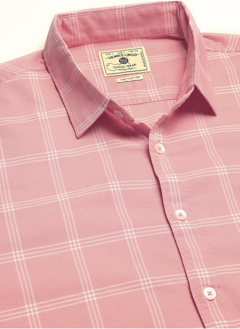 Slim Fit Pink Men's Checked Shirt, Spread Collar, Full Sleeves, 100% Cotton,