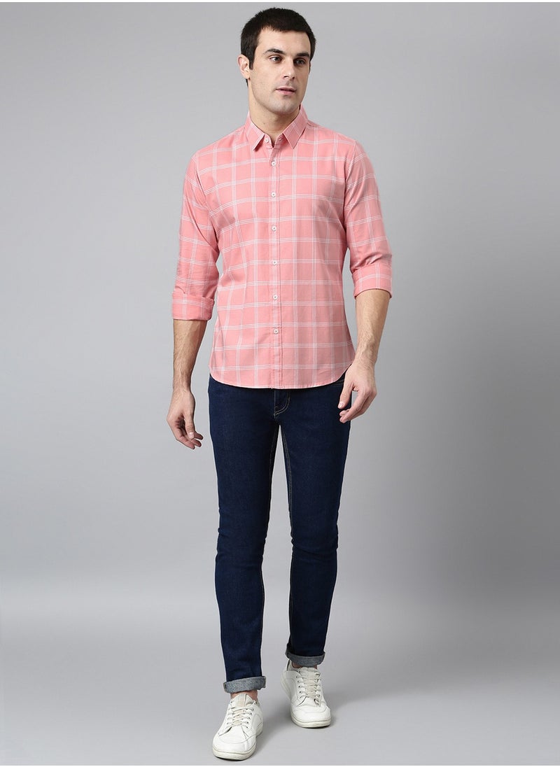 Slim Fit Pink Men's Checked Shirt, Spread Collar, Full Sleeves, 100% Cotton,