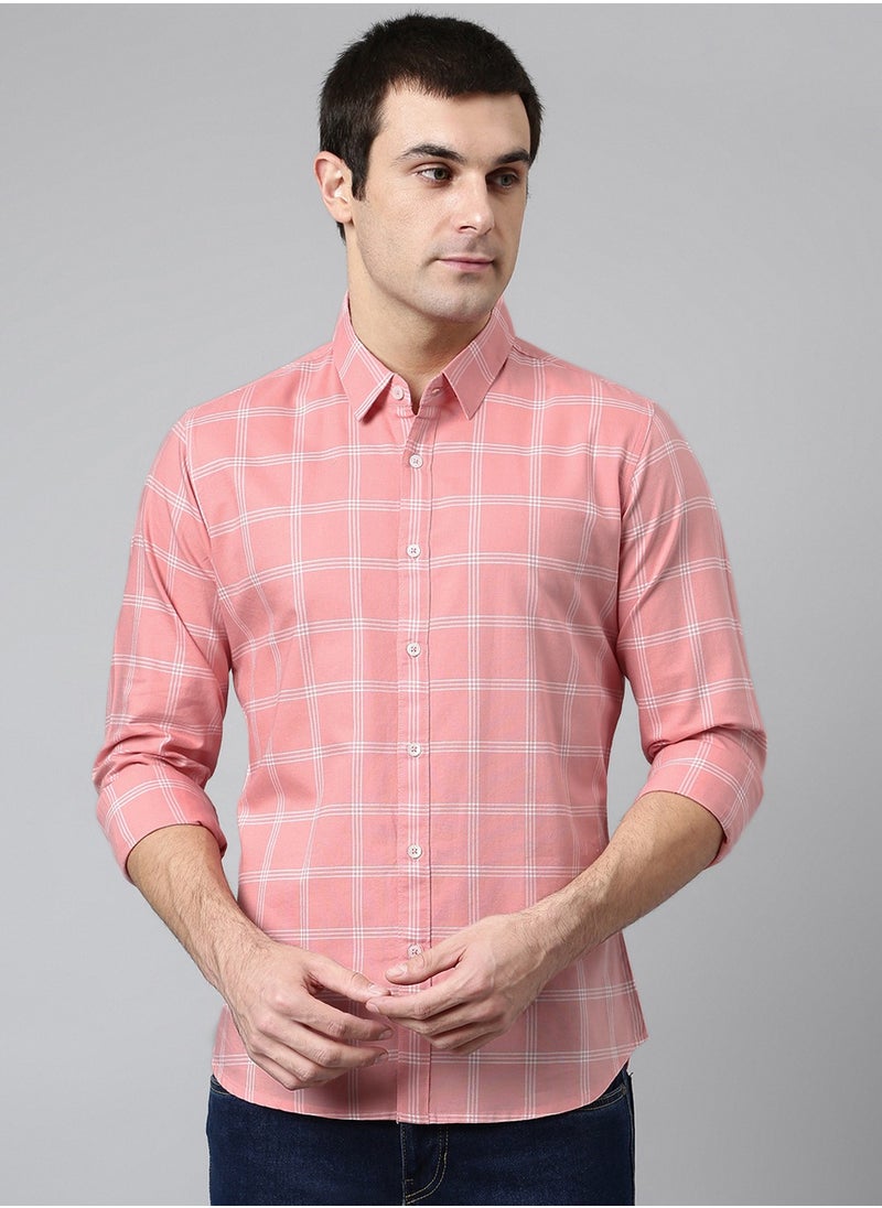 Slim Fit Pink Men's Checked Shirt, Spread Collar, Full Sleeves, 100% Cotton,