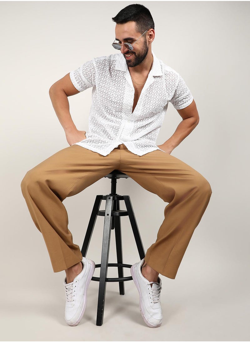 Men's Chalk White Floral Embroidered Shirt