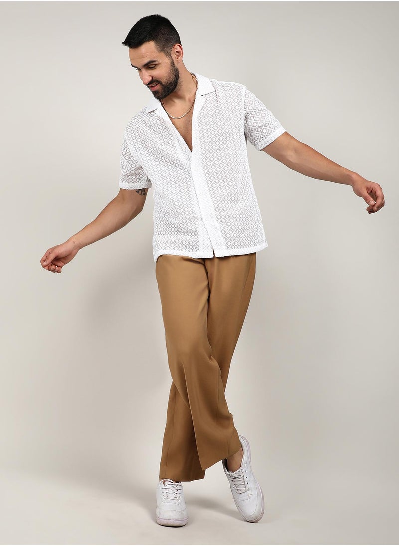 Men's Chalk White Floral Embroidered Shirt