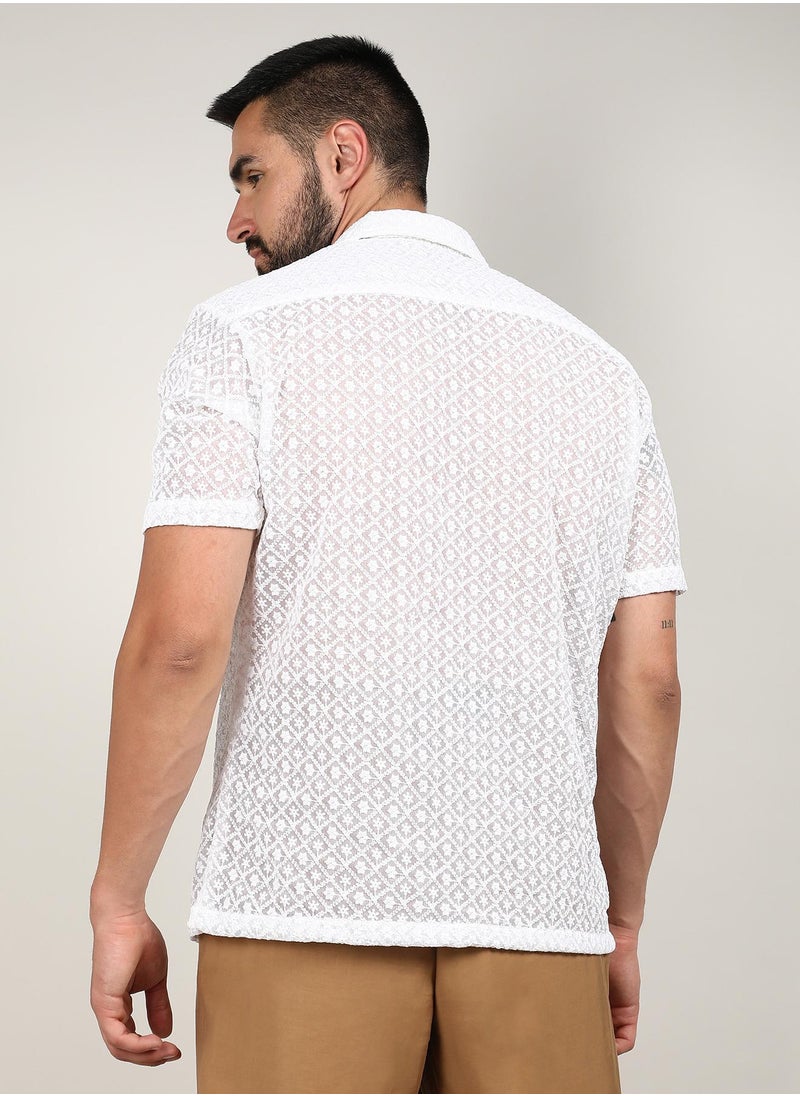 Men's Chalk White Floral Embroidered Shirt