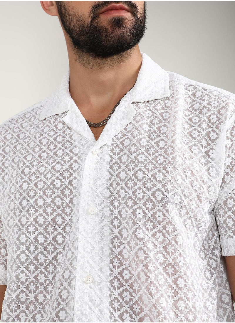 Men's Chalk White Floral Embroidered Shirt