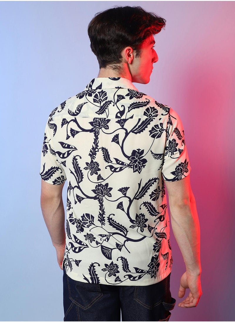 Men's Midnight Black & Ivory White Contrast Flower Shirt