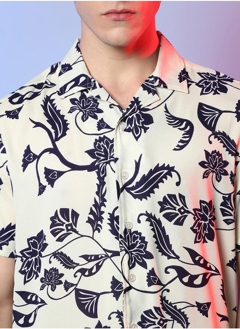 Men's Midnight Black & Ivory White Contrast Flower Shirt