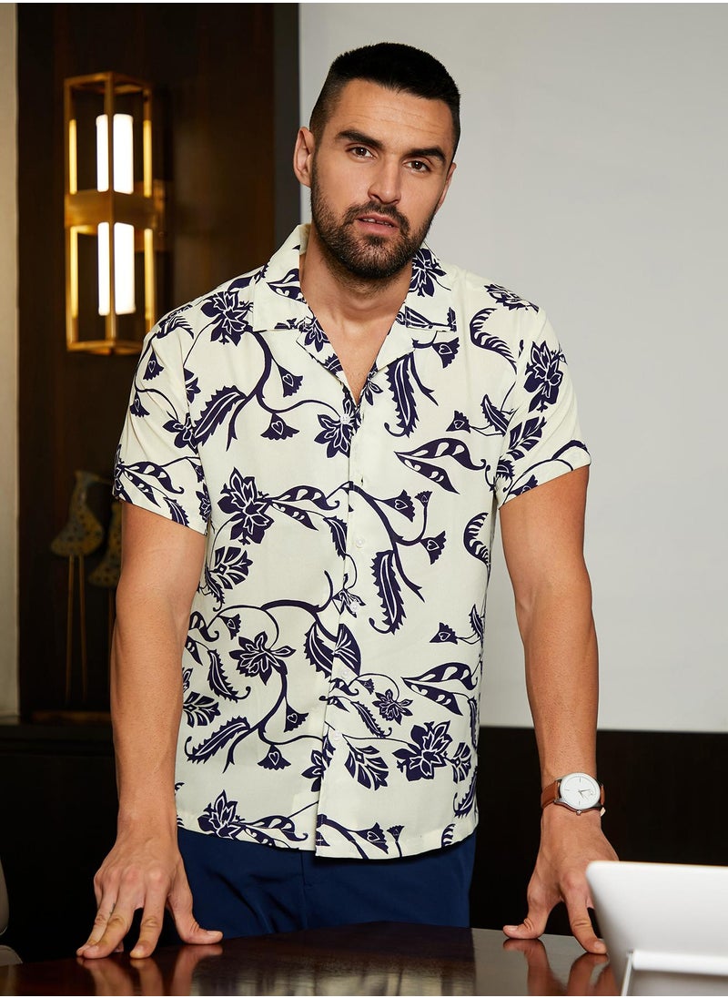 Men's Midnight Black & Ivory White Contrast Flower Shirt