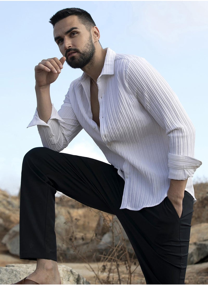 Men's Chalk White Self-Design Striped Shirt