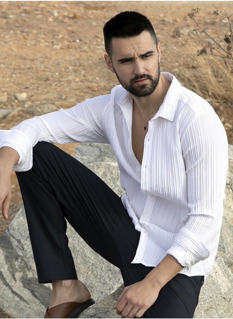 Men's Chalk White Self-Design Striped Shirt