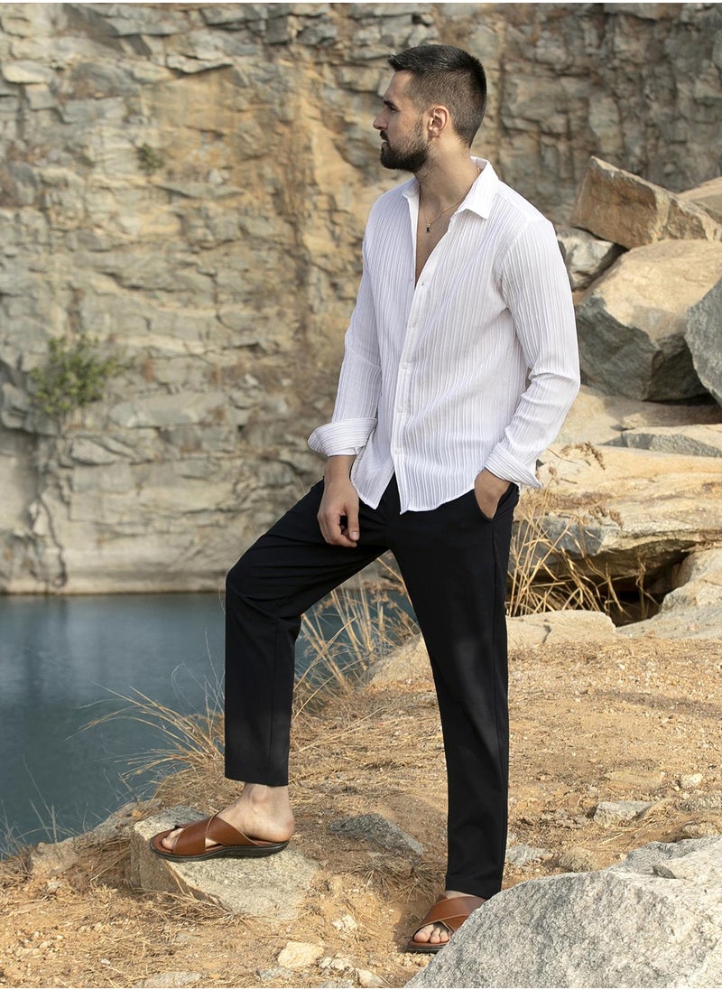 Men's Chalk White Self-Design Striped Shirt
