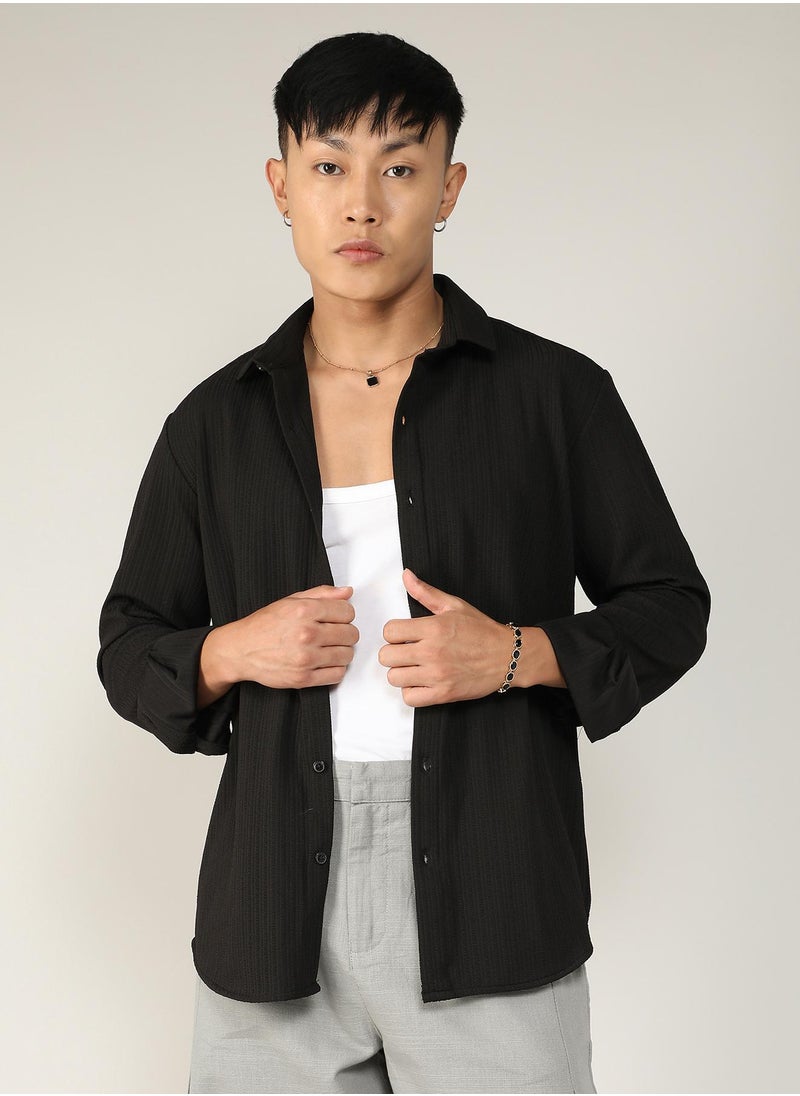 Men's Onyx Black Stripe-Creased Shirt