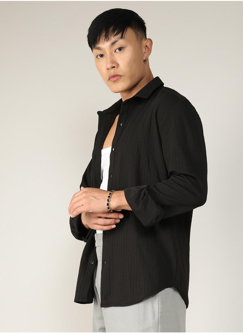 Men's Onyx Black Stripe-Creased Shirt