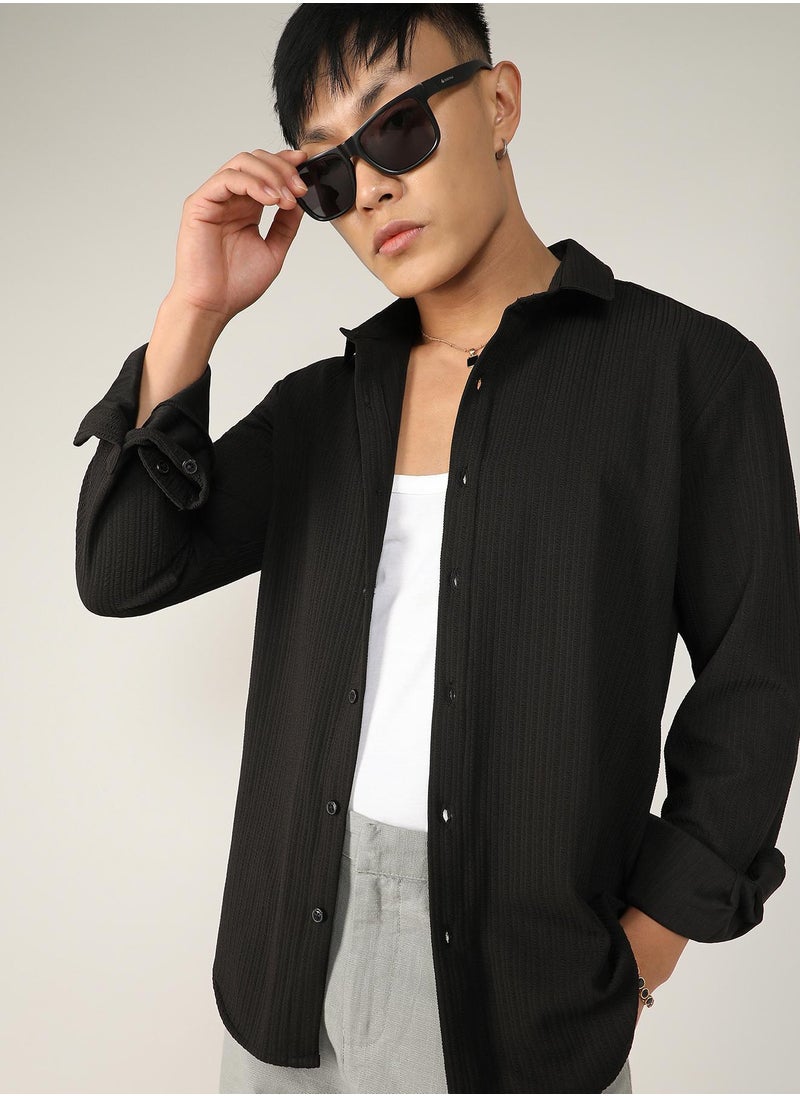 Men's Onyx Black Stripe-Creased Shirt