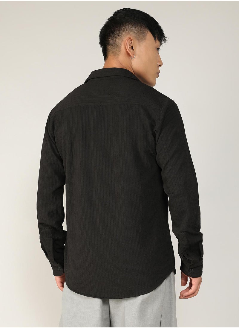 Men's Onyx Black Stripe-Creased Shirt