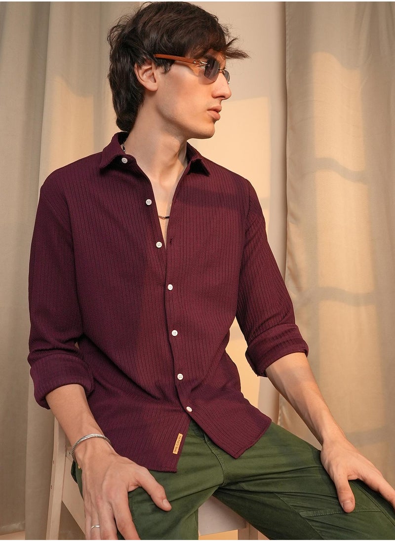 Men's Maroon Red Stripe-Creased Shirt