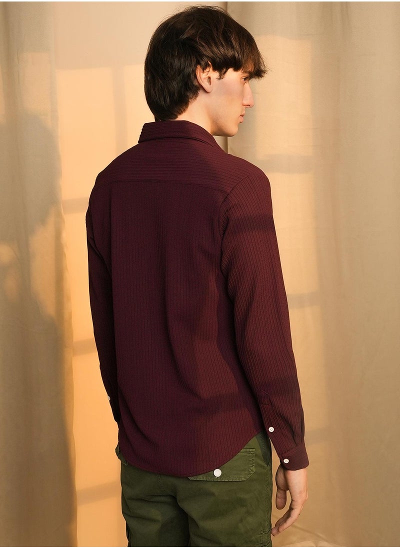 Men's Maroon Red Stripe-Creased Shirt