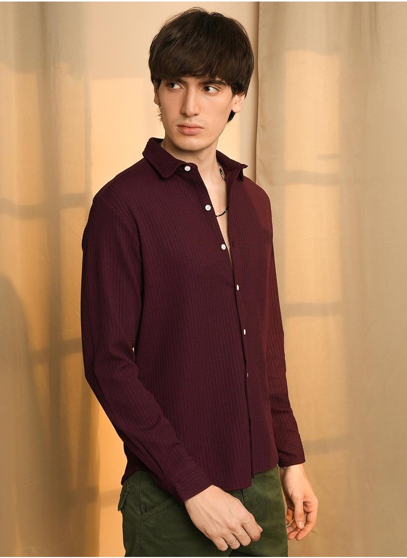Men's Maroon Red Stripe-Creased Shirt
