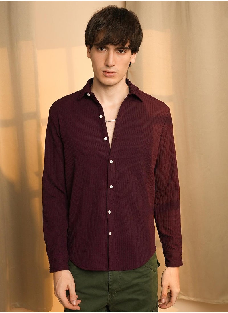 Men's Maroon Red Stripe-Creased Shirt