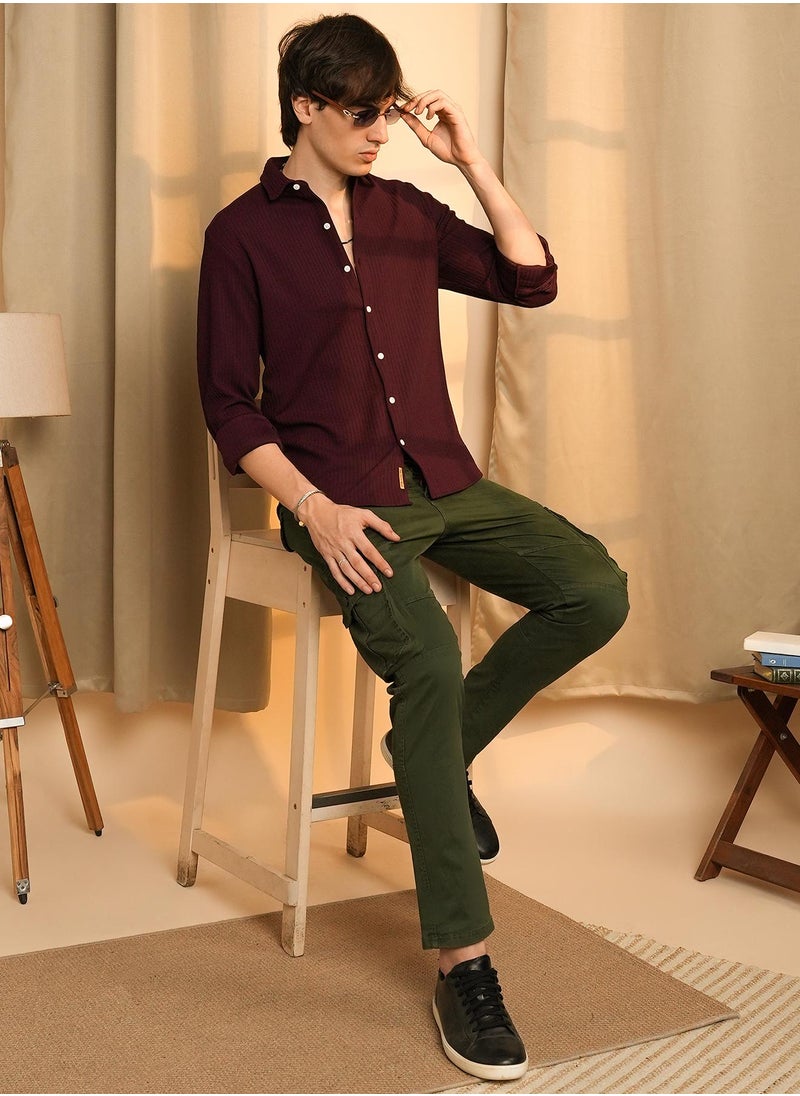 Men's Maroon Red Stripe-Creased Shirt