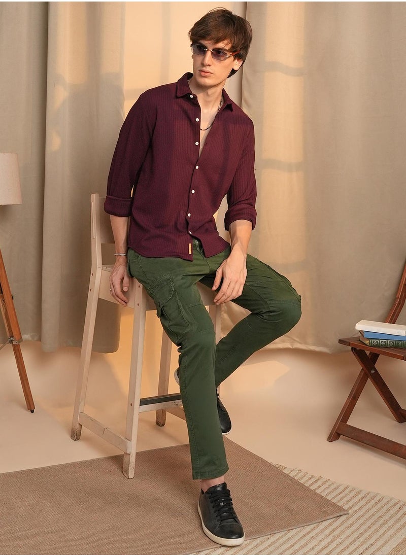 Men's Maroon Red Stripe-Creased Shirt