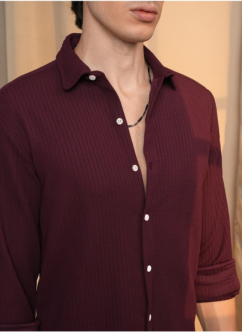 Men's Maroon Red Stripe-Creased Shirt