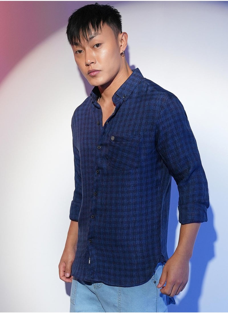 Men's Indigo Blue Gingham Check Shirt