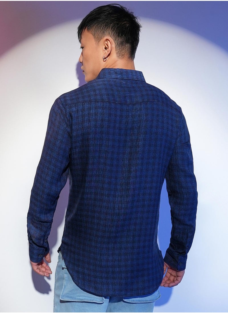Men's Indigo Blue Gingham Check Shirt