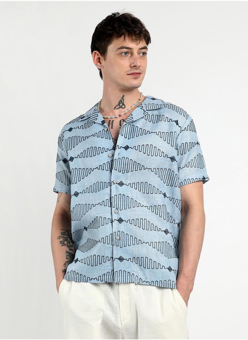 Men's Icy Blue Embroidered Geometric-Lined Shirt