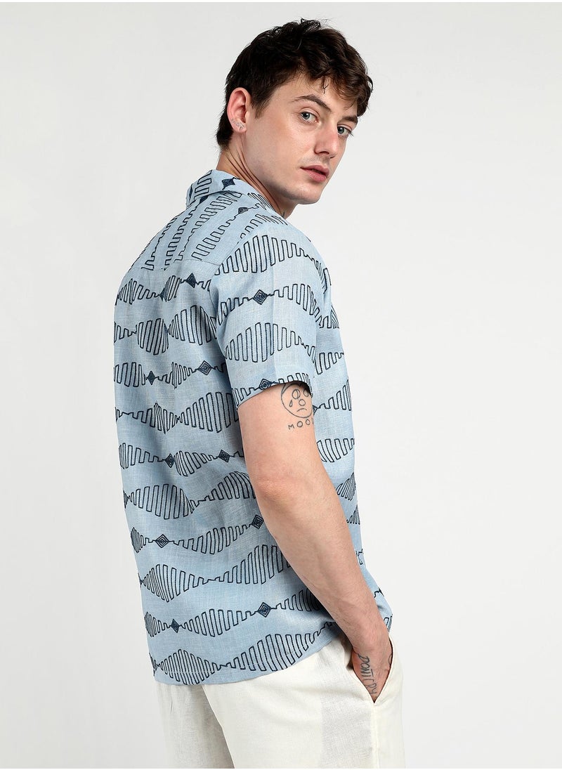 Men's Icy Blue Embroidered Geometric-Lined Shirt