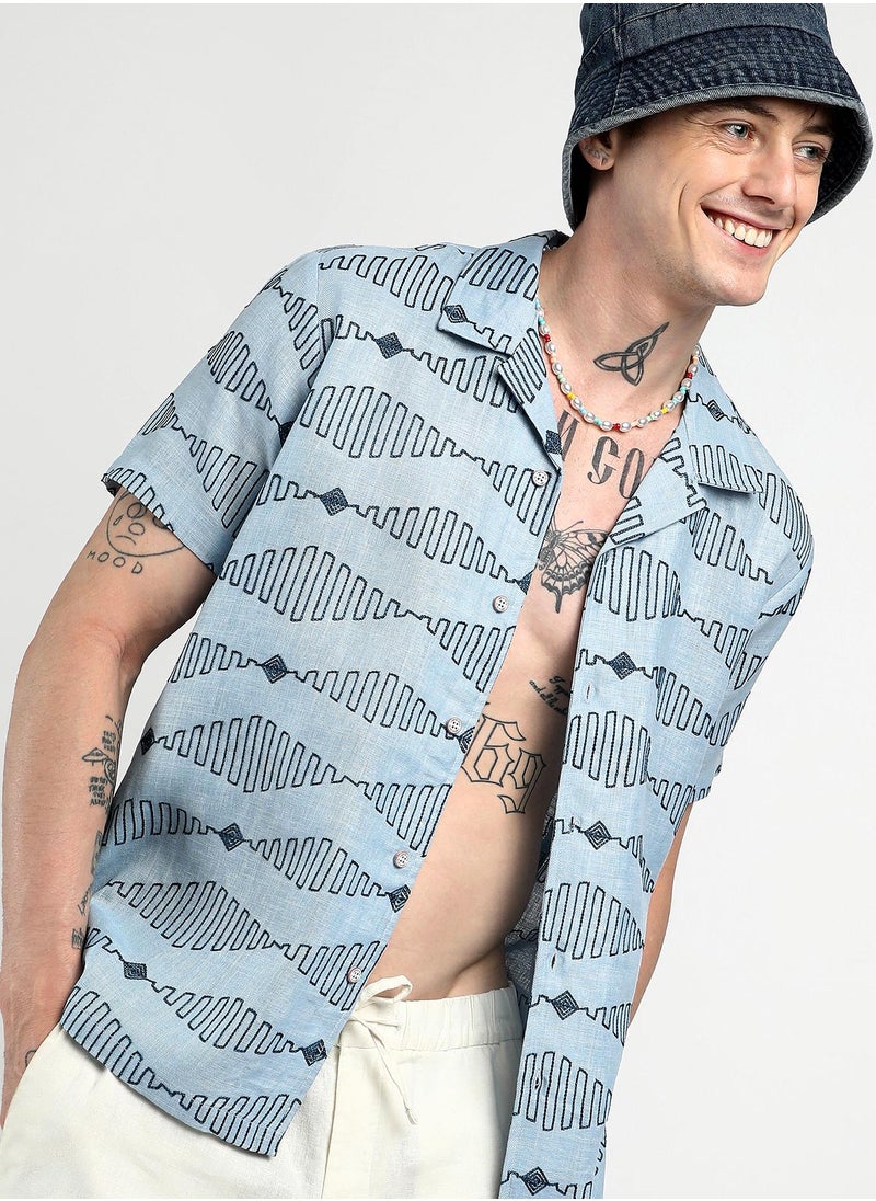 Men's Icy Blue Embroidered Geometric-Lined Shirt