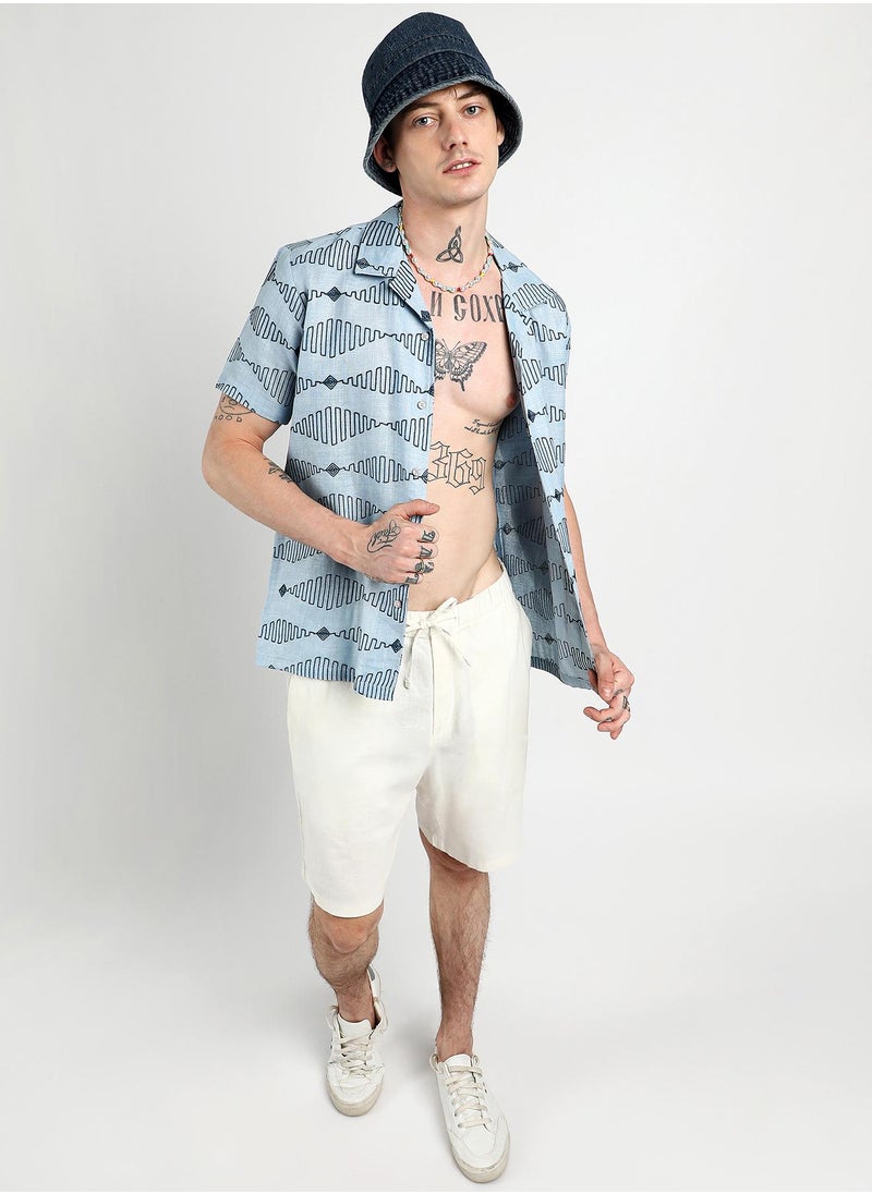 Men's Icy Blue Embroidered Geometric-Lined Shirt