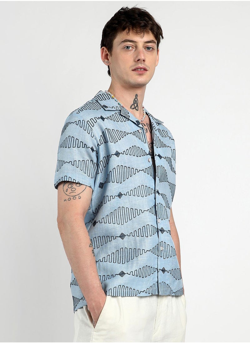 Men's Icy Blue Embroidered Geometric-Lined Shirt