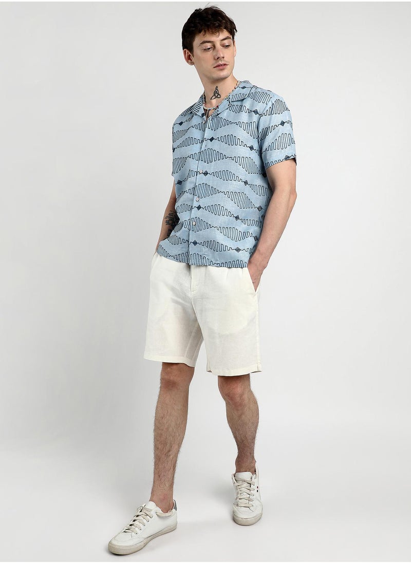 Men's Icy Blue Embroidered Geometric-Lined Shirt
